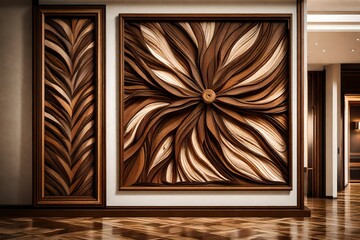 woodart frame, on the wall in a hotel lobby , with brown and white background