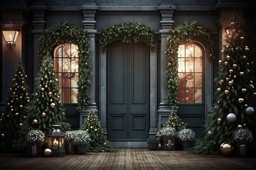 An old classical house decorated with Christmas trees and garlands with toys on Christmas Eve by lantern light