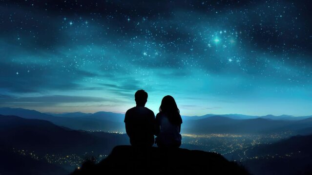 Two people stargazing on a hill