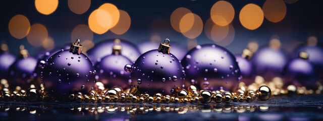 Happy New Year and Christmas holiday concept. beautiful purple New Year decorations on blurred...