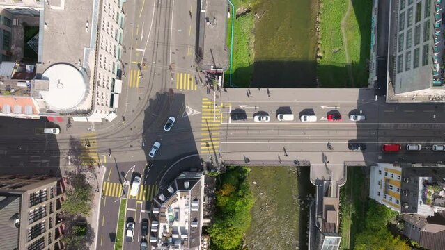 sunny day zurich city center canal traffic bridge aerial topdown panorama 4k switzerland