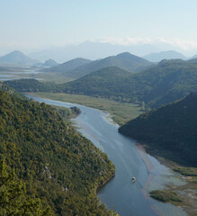 The areal view of river and mountains in Skadar Lake National Park, Montenegro 
