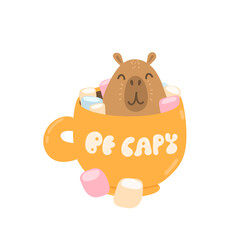 Cute capybara sits in a cup. Cup of cocoa with marshmallows. Cozy illustration with cartoon capybara in a mug