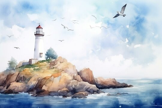 Watercolor painting of lighthouse on rocky island under blue sky with seagull. Generative AI
