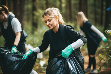 Group of international eco volunteers picking up trash in park. Activists collecting garbage, protecting the planet, avoid pollution and save the environment - obrazy, fototapety, plakaty