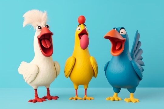 An image of a rubber chicken screaming, a surprised chicken, and a singing rooster isolated on a blue background. Generative AI