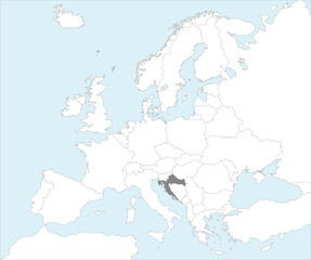 Gray CMYK national map of CROATIA inside detailed white blank political map of European continent on blue background using Mollweide projection