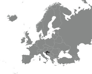 Black CMYK national map of CROATIA inside detailed gray blank political map of European continent on transparent background using Mercator projection