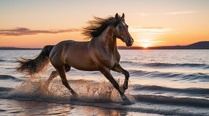 horse running on the beach Generative AI - obrazy, fototapety, plakaty