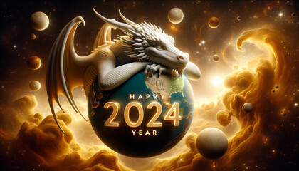 The symbol of the new year, the Dragon lies on planet Earth and wishes everyone a Happy New Year 2024.