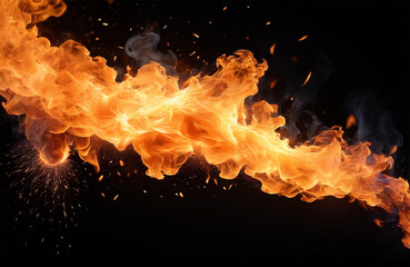 Realistic fire sparks orange flame light and smoke on black background