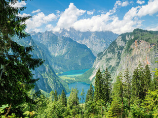 Fototapeta na wymiar Königssee view from top to the Kings Lake which is embedded in a valley of mountains