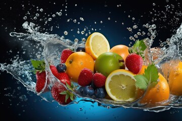 Flying fruit and splashes of water on a dark background