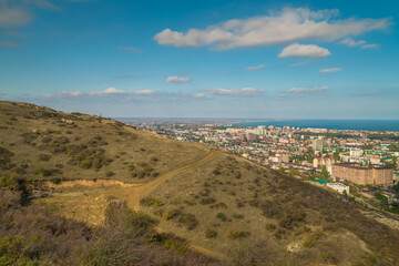 Russia. Dagestan. October 22, 2022. Panorama of the city of Makhachkala from the height of the mountains.