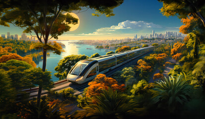 Naklejka premium An awe-inspiring image of a superfasr magnetic levitation city train, illustrating the future of efficient, high-speed rail travel