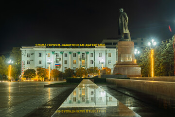 Russia. Dagestan. October 27, 2022. Night illumination of buildings on Lenin Square in Makhachkala.
