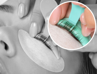 Make-up artist makes the procedure of lamination and dyeing of eyelashes to a beautiful woman in a beauty salon. Eyelash extensions. Eyelash lifting