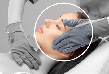 A cosmetologist doctor makes a microcurrent massage procedure on the face and neck of a young...