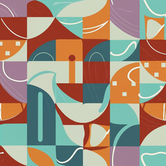 Vector seamless pattern of colored abstract geometric shapes and grid wicker