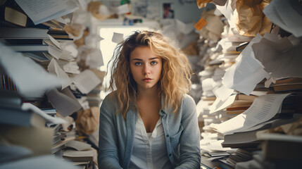 Fototapeta premium Work Stress, Office Overwhelm, Paperwork Burden, Mental Health Struggles, Stress Management, Burnout, Coping Strategies