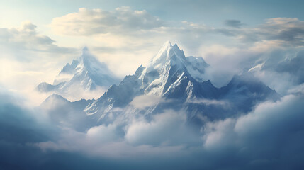 rugged mountain peaks shrouded in mist and bathed in the soft light of dawn, emphasizing the grandeur and serenity of the natural world - obrazy, fototapety, plakaty