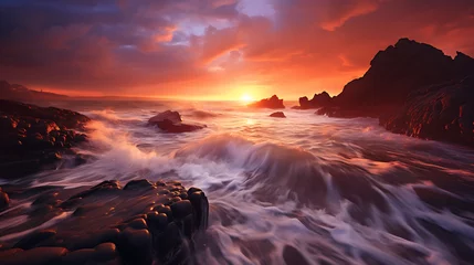 Papier Peint photo Lavable Bordeaux a coastal landscape at sunset, with waves crashing against rocky cliffs, and the sky painted in shades of orange and purple, capturing the drama and beauty of the ocean meeting the land