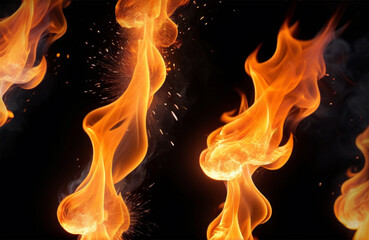 realistic fire sparks orange flame light and smoke on black background