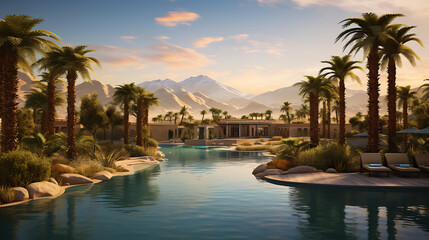 a desert oasis, with a pristine pool of water surrounded by palm trees and sand dunes, against a backdrop of clear desert skies, conveying the allure of desert landscapes - Powered by Adobe