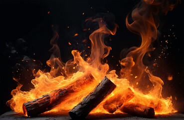 realistic fire sparks orange flame light and smoke on black background