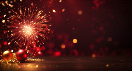 Obraz premium Beautiful gold and red fireworks with bokeh in New Year and copy space. Abstract background holiday. 