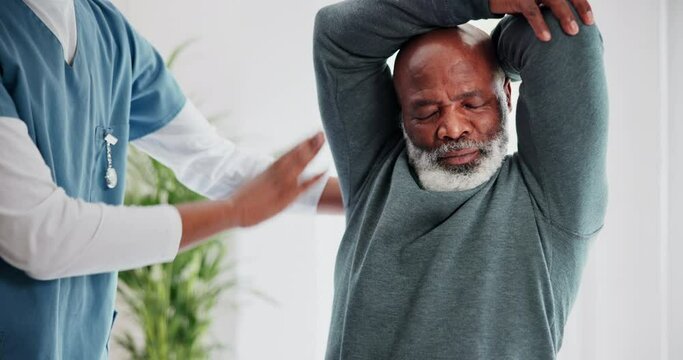Senior man, physiotherapy and shoulder pain, stretching support and helping in physical therapy and healthcare. Medical nurse, doctor or orthopedic with elderly patient for muscle health and service