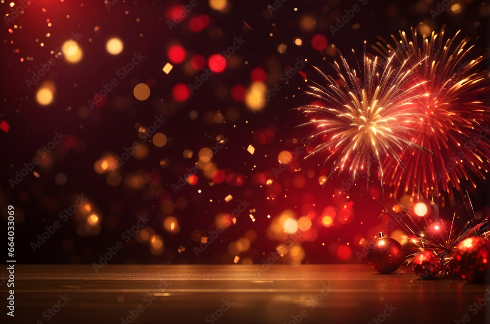 Poster beautiful gold and red fireworks with bokeh in new year and copy space. abstract background holiday.