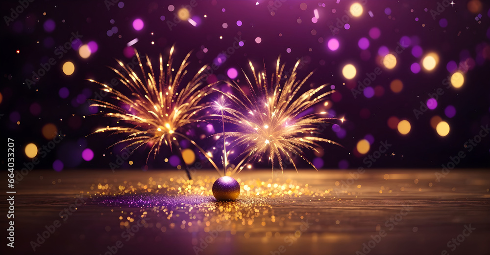 Poster beautiful gold and dark violet fireworks with bokeh in new year and copy space. abstract background 