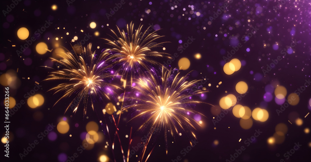 Poster beautiful gold and dark violet fireworks with bokeh in new year and copy space. abstract background 