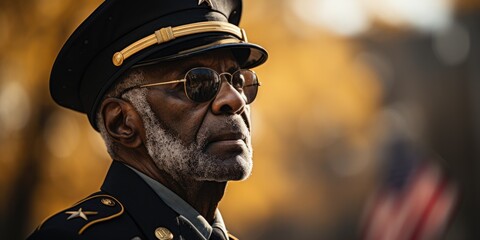 Black US army officer with blurred background. Veterans day - obrazy, fototapety, plakaty