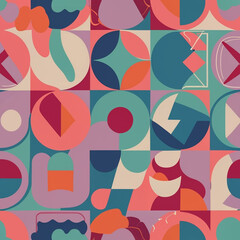 Vector seamless pattern of colored abstract geometric shapes and grid wicker