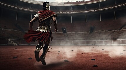 Generative AI, Realistic illustration of a fierce gladiator attacking, running. Armoured roman gladiator in combat wielding a sword charging towards his enemy.	
