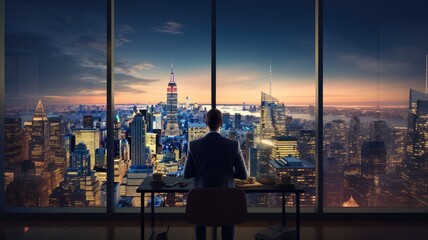 a businessman in a modern office, standing by a large window, looking out at the city skyline with reflections of the urban landscape on the glass.