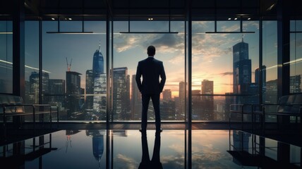 a businessman in a modern office, standing by a large window, looking out at the city skyline with reflections of the urban landscape on the glass.