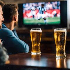 Dos hombres viendo el fútbol en la televisión con dos cervezas sobre una mesa 