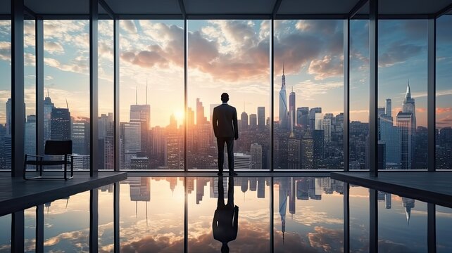 a businessman in a modern office, standing by a large window, looking out at the city skyline with reflections of the urban landscape on the glass.