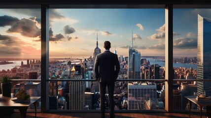 a businessman in a modern office, standing by a large window, looking out at the city skyline with...