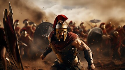 Generative AI, Realistic illustration of a fierce gladiator attacking, running. Armoured roman gladiator in combat wielding a sword charging towards his enemy.	
 - obrazy, fototapety, plakaty
