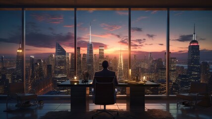 Fototapeta na wymiar a businessman in a modern office, standing by a large window, looking out at the city skyline with reflections of the urban landscape on the glass.