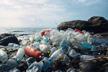 Pollution in ocean. Plastic bottles and waste washed up on a beach. Micro plastic sea pollution
