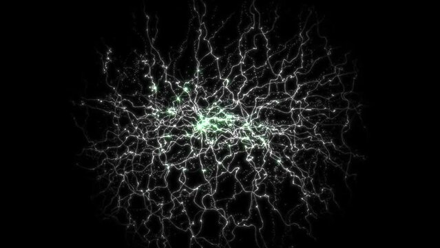 Green electric lightning of particles on a dark background moves from the center and fills the entire space. Sprawling neural connections. A biological process in the body. Dark energy. 4K video