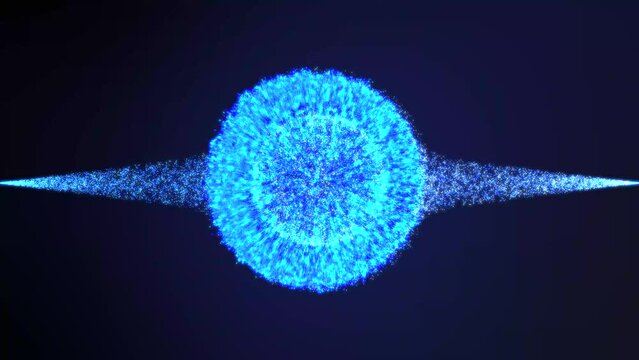 A glowing cosmic sphere appears from a stream of blue-colored particles in space. Quantum energy creates a planet. 4K video  