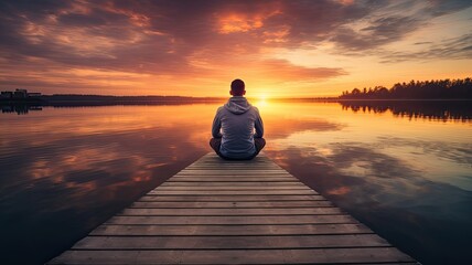 a man sitting at the end of a weathered wooden pier, his feet dangling above the tranquil lake's surface, as he gazes thoughtfully into the distance. - Powered by Adobe