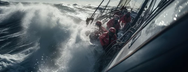 Poster a yacht surging through the waves, wind billowing its sails, as the crew embarks on an exhilarating ocean adventure in a remote and pristine setting. © lililia