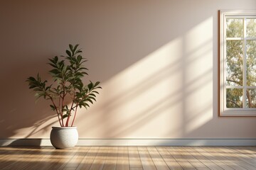 Chic empty room with wooden flooring and a potted plant, combining natural elements with a clean and luxurious aesthetic